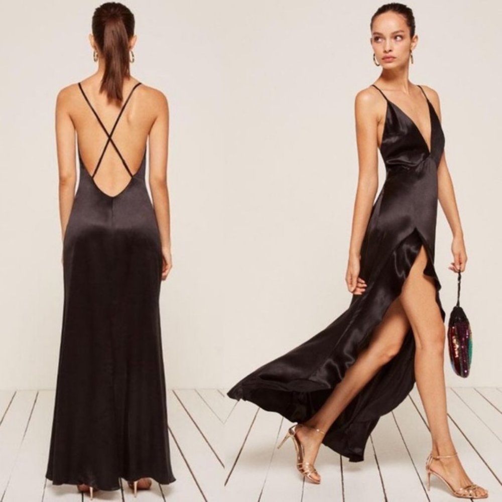 Reformation Salsa Dress Silk Ruffle Slit Maxi Midi - Picture 1 of 8